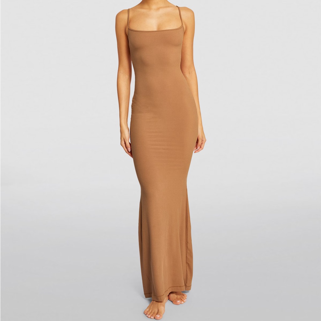 Skims Stretch Rib Maxi Dress In Camel